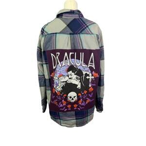 Dracula goth upcycled custom flannel shirt graphic tee on back bespoke